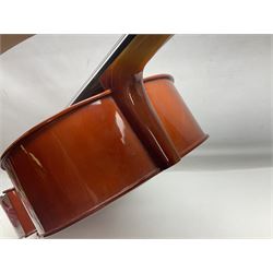 Gear4Music three-quarter sized cello with 70cm one-piece back and spruce top; bears maker's label; L112cm overall; in soft carrying case with Erich Steiner bow
