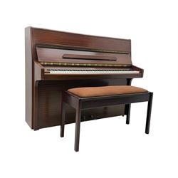 Knight - 20th century upright piano, in polished mahogany case with fall-front lid and twin brass pedals, complete with matching storage bench upholstered in brown fabric with receipt from Harrods (H 50cm x D 37cm W 95cm) 