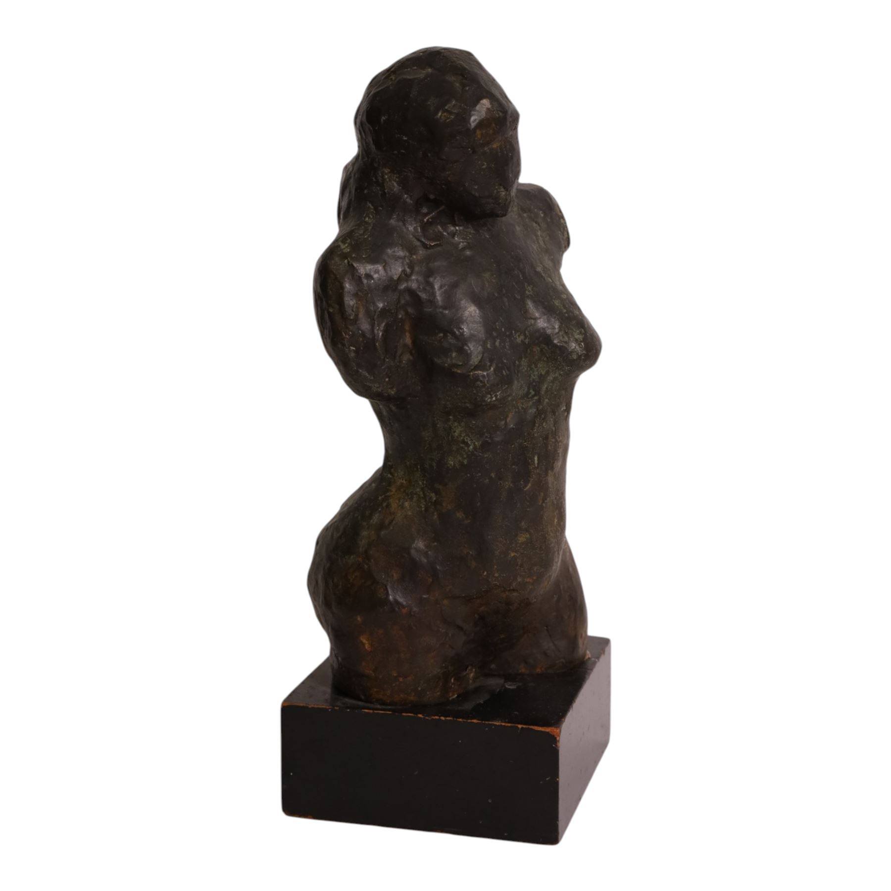 Bronzed sculpture modelled as a female torso, upon a square plinth, H39cm 