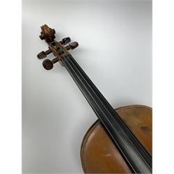 French Mirecourt violin c1920s with 36cm one-piece maple back and ribs and spruce top, labelled Jermone Thibouville-Lamy, L59cm, in fitted carrying case with German bow and 1984 valuation certificate by Frome Valley Music