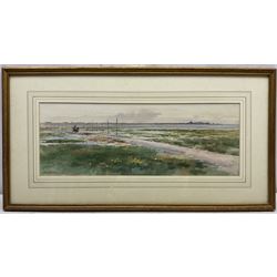 Frank Watson Wood Jnr. (Scottish 1900-1985): The Causeway Lindisfarne, watercolour signed, Aitken Dott & Son Edinburgh label verso 17cm x 47cm 
Provenance: private collection, purchased Tennants 20th September 2014 Lot 1045