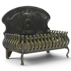 Adam style cast iron fire grate, shaped arched back plate cast with classical urn and scro...
