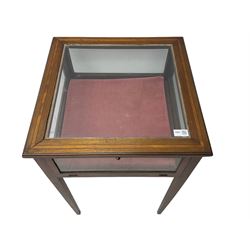Edwardian inlaid mahogany bijouterie cabinet, glass inset top in moulded frame with satinwood band, fall front glazed door, on square tapering supports 