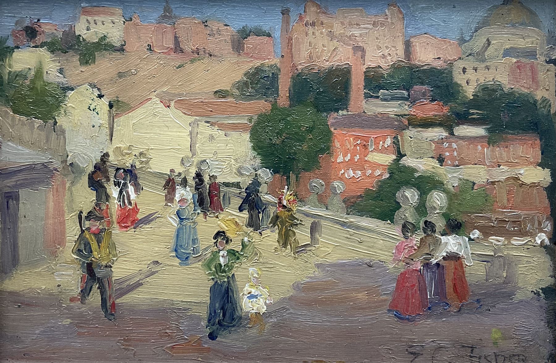 Elizabeth Campbell Fisher Clay (American/British 1871-1959): 'Old Bridge - Madrid', oil on panel signed, titled verso 11cm x 17cm 
Provenance: West Yorkshire dec'd estate; with Christie's London 21st July 1988 Lot 116 
Notes: signed 'EC Fisher', painted before her marriage to Howard Clay on 20th April 1909.
