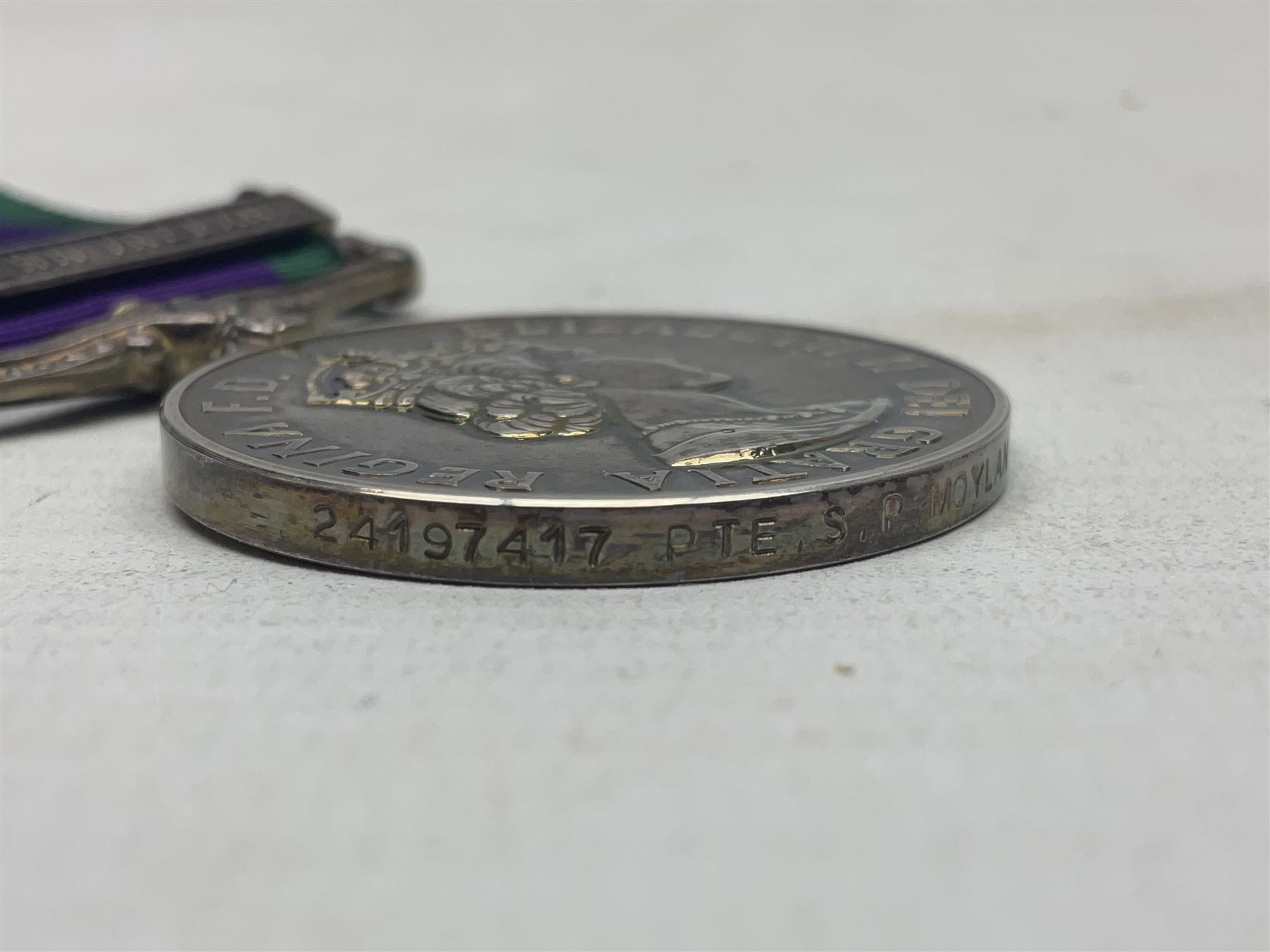 Elizabeth II General Service Medal with Northern Ireland clasp awarded to 24197417 Pte. S.P. Moylan R. Anglian; with ribbon