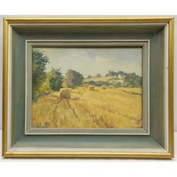 Alan Stenhouse Gourley PROI (Scottish 1909-1991): 'Harvest', oil on board signed, titled on artist's address label verso 25cm x 34cm