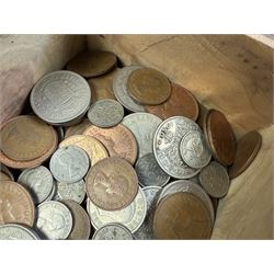 Approximately 115 grams of Great British pre-1947 silver coins, and further pre-decimal coins, housed in a miniature carved camphor wood chest