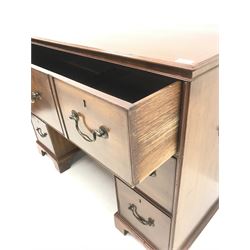 19th century inlaid mahogany campaign style desk, one long and four short drawers on shaped plinth base