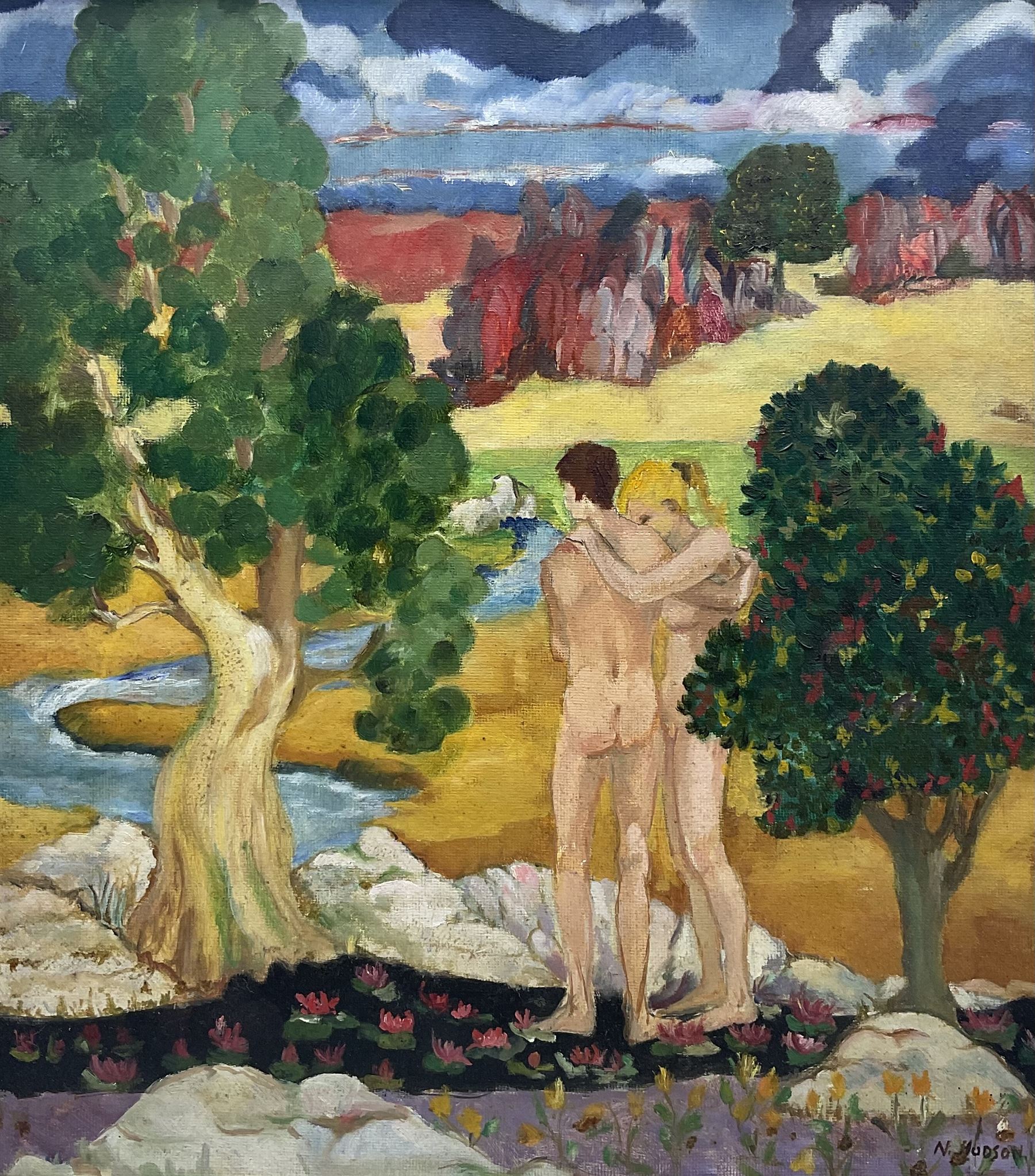 Attrib. Anna 'Nan' Hope Hudson (American 1889-1957): 'Expulsion', oil on board signed, titled on exhibition label verso 44cm x 39cm