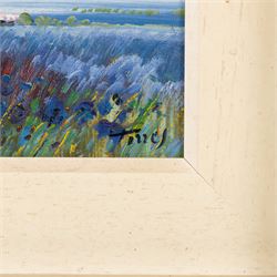Miguel Torres (Spanish 1948-): Field of Sunflowers and Field of Blue Flowers, two oils on canvas signed 20.5cm x 20.5cm and 12.5cm x 28cm (2)