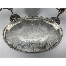 Glass claret jug, with silver plated top, together with other silver plate, to include pair of candelabras and tray with claw feet, jug H30