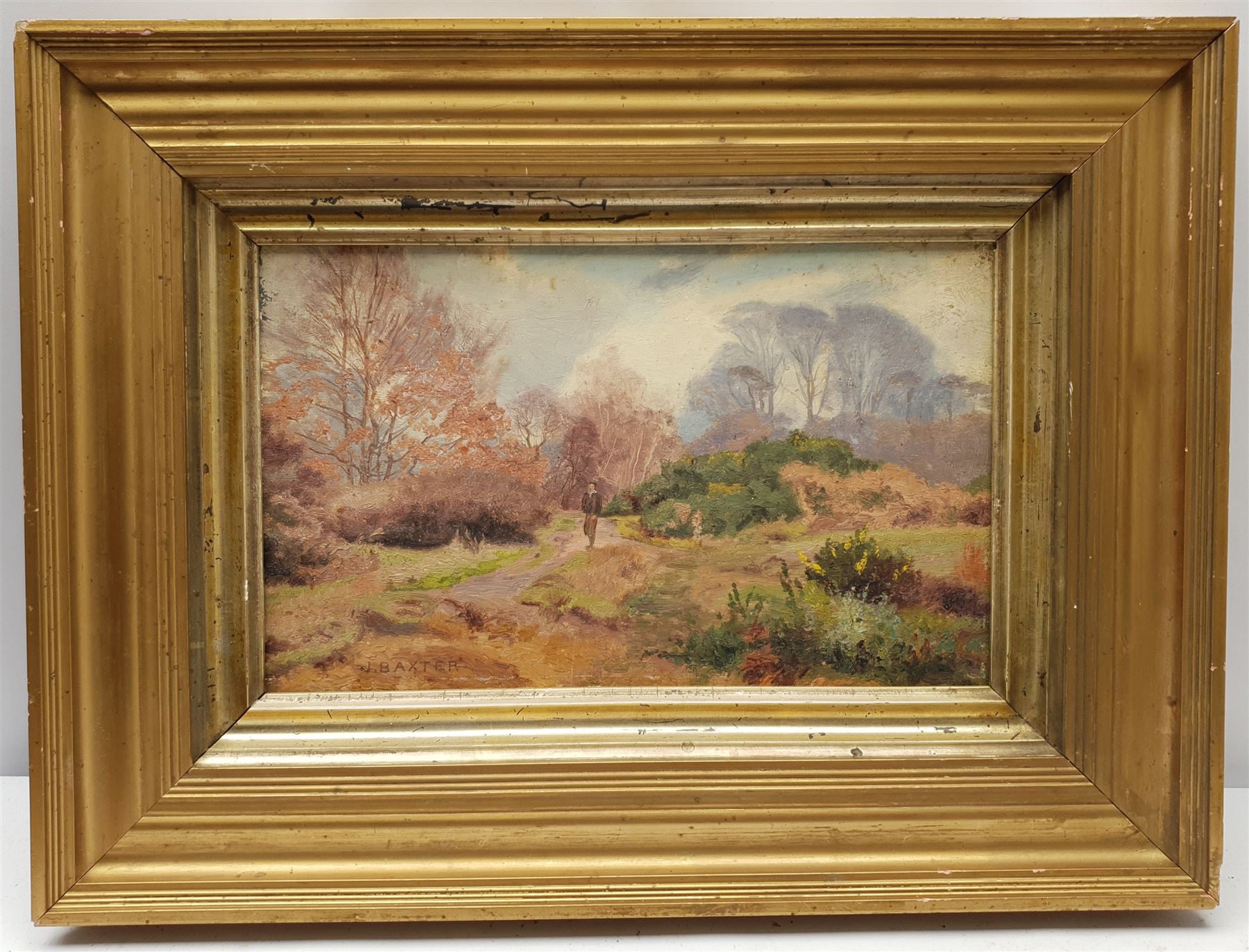 J Baxter (British early 20th century): Moorland Path, oil on panel signed 16cm x 28cm