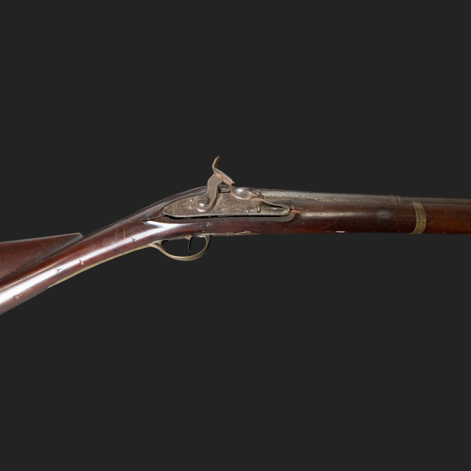 19th century Indian Brown Bess style flintlock musket, the 138cm round steel barrel ram rod beneath, overall L174cm