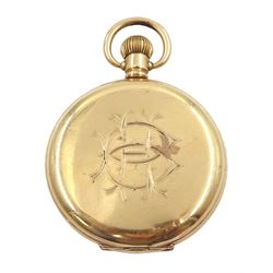 Early 20th century gold-plated keyless Swiss lever pocket watch, the case engraved with initials and a gold-plated open face keyless lever pocket watch by American Watch Company, No. 15395356, with rolled gold tapering Albert chain
