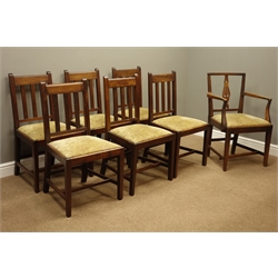  Georgian figured mahogany dining table, two D-ends with later additional leaf, on square tapering supports (H72cm, 122cm x 120cm - 170cm (with leaf)), set of six 19th century mahogany dining chairs with upholstered drop in seats and a country carver armchair  
