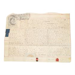 Boldero/Barnard family and Cave Castle estate interest - collection of 18th century vellum indentures and legal documents relating to the Boldero and Barnard families, including York city property in St Helen’s, Stonegate and Swinegate, the manor of Cornbrough in the parish of Sheriff Hutton, and later Henry Boldero Barnard of Cave Castle estate papers, with parties including Robert Fairfax, Jonathan Barnard, John Kilvington and John Lund, dated 1716-1786, with wax seals (approx. 15)