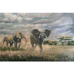 James Lishman (British 1931-2024): 'The Charge' Elephants, oil on board signed, titled verso 60cm x 90cm 