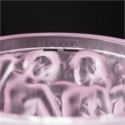 Lalique Bacchantes pattern frosted and clear pink glass vase signed 'Lalique France' H25cm in original pink Lalique box with guarantee etc