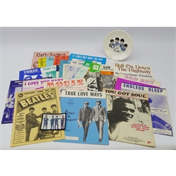  The Beatles Songs Exclusive/ Songs They Sing Collectors Ed. Sheet music, Beatles patch and plate and a collection of vintage sheet music incl. Endless Sleep signed by Marty Wilde, Elvis Presley and other artists   
