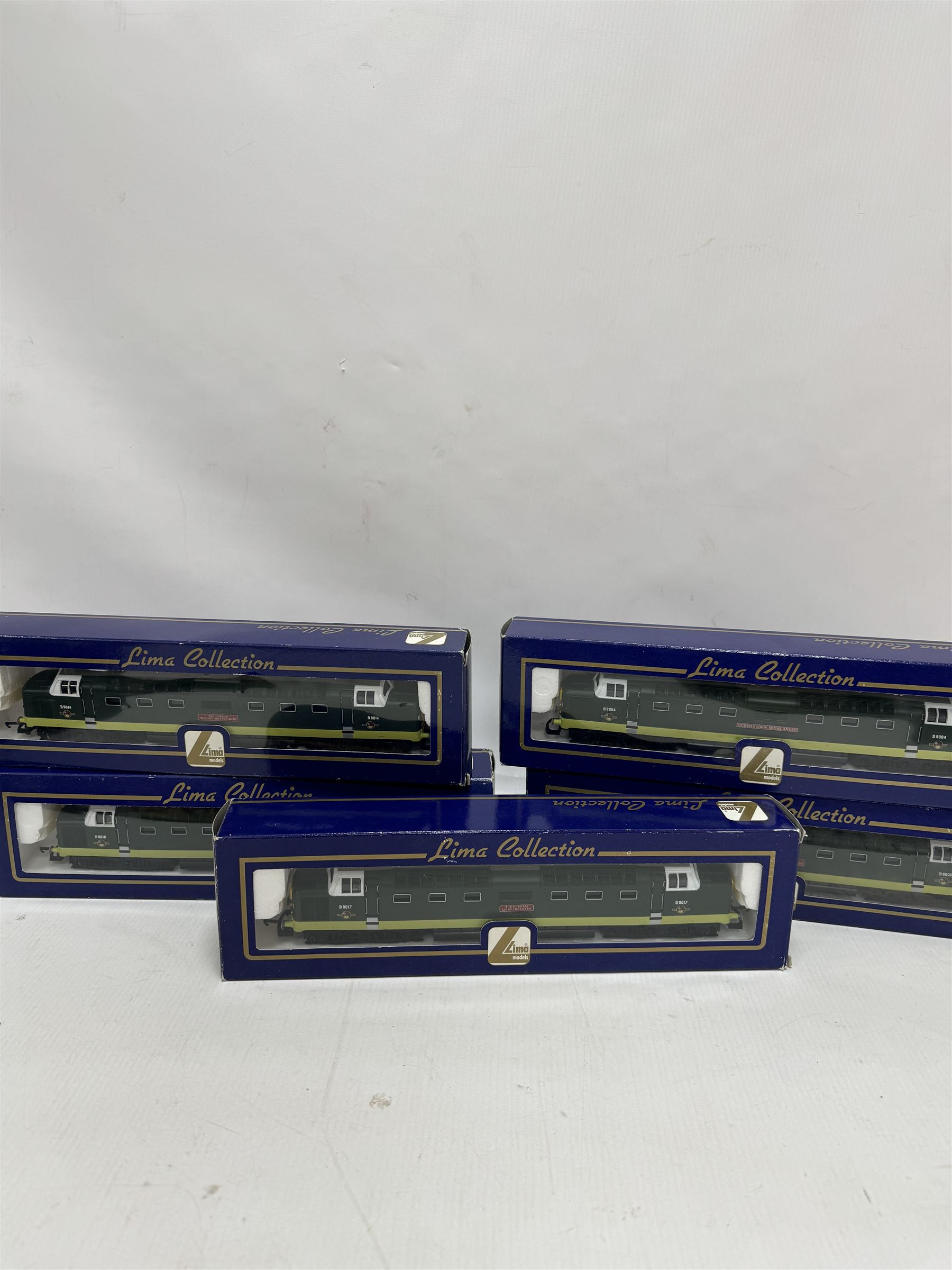 Five Lima ‘00’ gauge Class 55 Co-Co Deltic diesel locomotives, comprising four L204952 examples, including one with original name and number Crepello no. D9012 and three reworked as Argyll & Sutherland Highlander no. D9021, Royal Highlanders Fusilier no. D9019, St Paddy no. D9001 and a L204951The Prince of Wales Own Regiment of Yorkshire no. D9005, all in BR two tone green livery, all boxed 