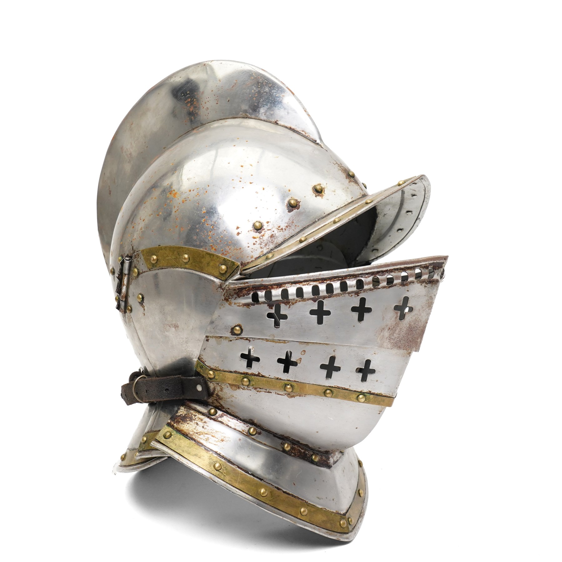 Victorian Royal Artillery officers sword with owners crest and initials, blade length 89cm and a copy of a mediaeval helmet