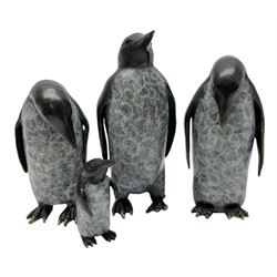 Steve Boss (British 1970-); Bronze figure group of a family of Emperor penguins, entitled Waddle, all with artists monogram beneath, tallest H12cm