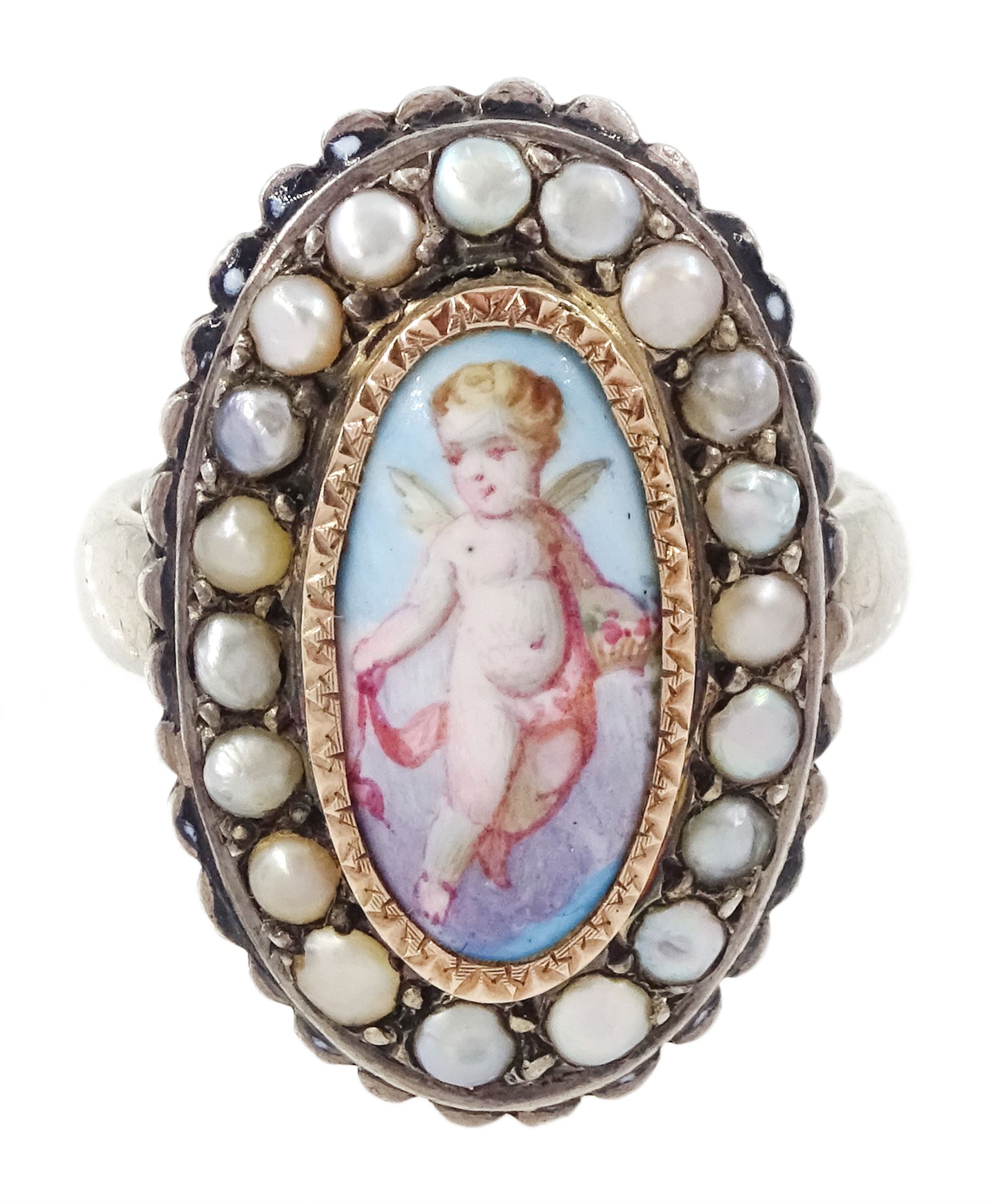 19th century French silver enamel portrait ring, set with an oval hand painted panel of a cherub, with split pearl surround