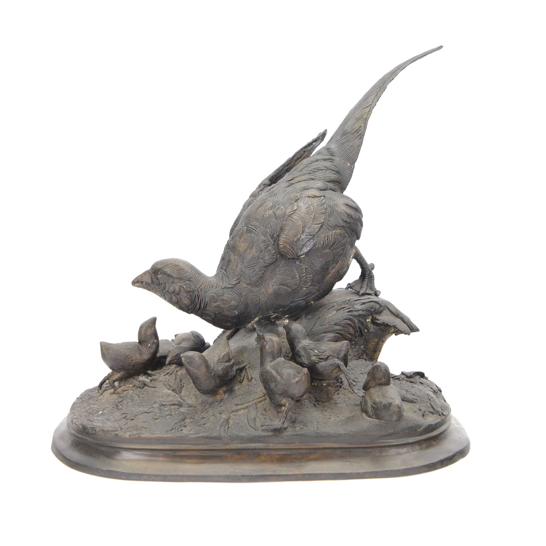 Bronzed figure group of a pheasant with six chicks upon a naturalistically modelled ground, after A. Arson, H45cm