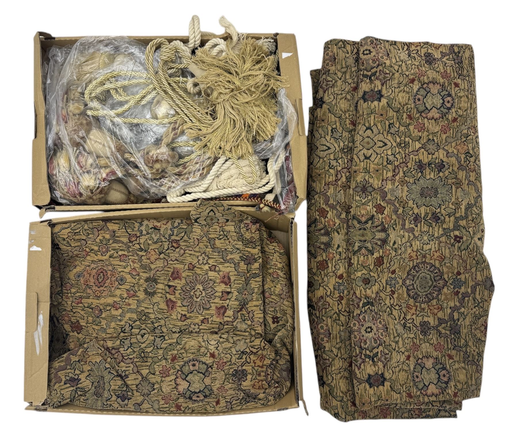 Collection of vintage textiles and soft furnishings, including a pair of brocade curtain panels with floral and foliate motifs in muted tones, together with a boxed Dorma king-size duvet cover set comprising a duvet cover, flat sheet, and two pillowcases, along with a variety of decorative curtain tassels and tiebacks with gilt and bead embellishments