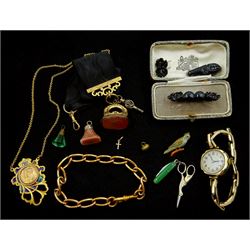 19th century and later jewellery including 9ct gold manual wind wristwatch on 9ct gold expanding strap, gilt agate seal fob on ribbon, George V Mary gilt and enamel coin pendant necklace dated 1911, jet brooch etc