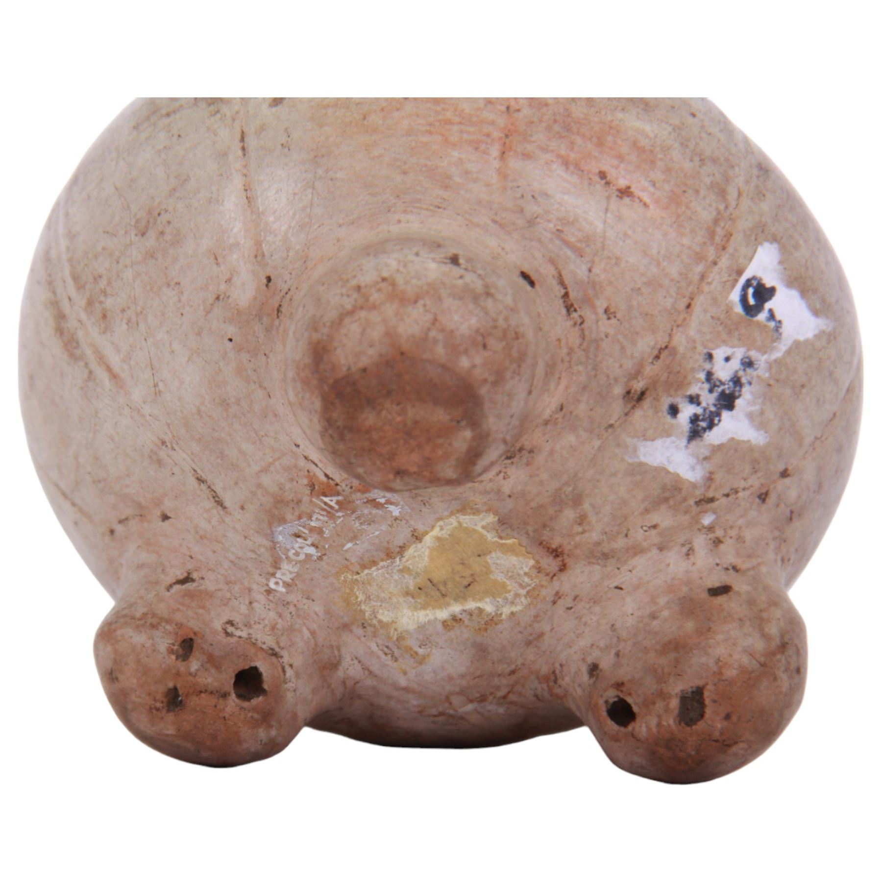 Maya pottery tetrapod bowl or jar, the cream glazed body of part ribbed bulbous form with short neck, upon three short feet, H10cm

With accompanying collectors note detailed 'Maya musical bowl, exceedingly rare cream glaze. Pre-Classic period Circa 400 AD.'