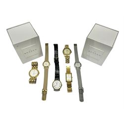 Two ladies Skagen wristwatches, to include 107SGSC and 107SGGD, both on stainless steel mesh straps, boxed, together with four other ladies wristwatches (6)