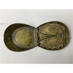 W Avery & Son brass oval pincushion in the form of a hedgehog, and horseshoe needle packet box both inscribed to base 'W. Avery and Son, Redditch', with registration mark, pin cushion L9cm 