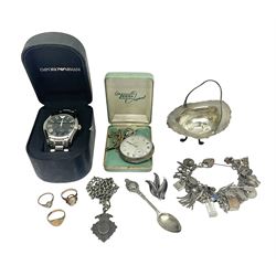 Silver bon bon dish, three 9ct gold rings, silver charm bracelet, silver Benson pocket watch, other silver jewellery and a silver spoon