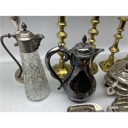 Walker & Hall silver plated coffee pot, glass claret jug, together with large collection of linen, fire screen with embroidered panel, candlesticks etc
