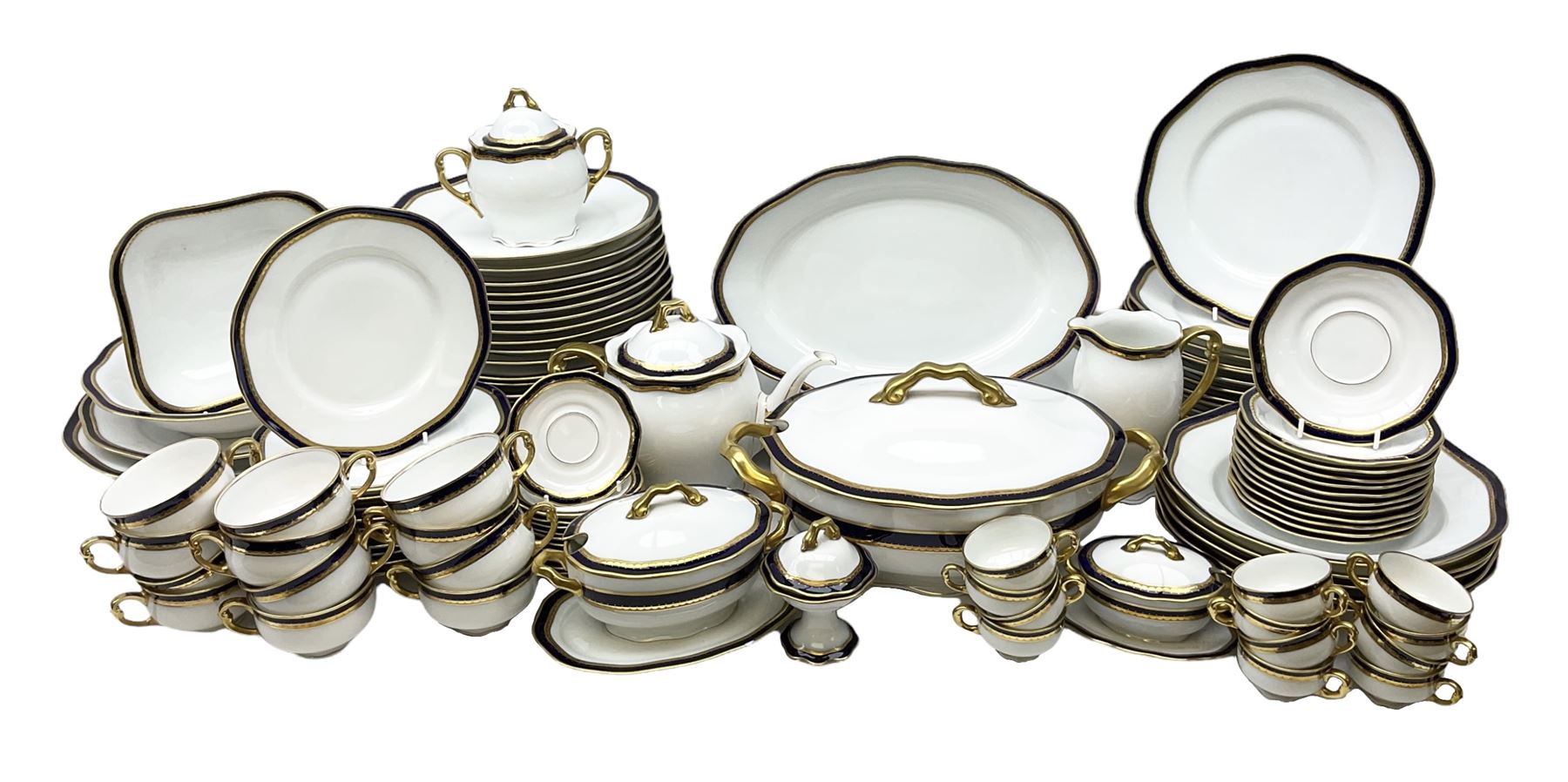 Pirkenhammer of Czechoslovakia Carlsbad pattern tea and dinner for twelve place settings to include dinner plates, soup bowls, side plates, covered tureen, tea cups and saucers, coffee cups and saucers, teapot, milk jug, covered surier, etc, with an addition twelve dinner plates (110)
