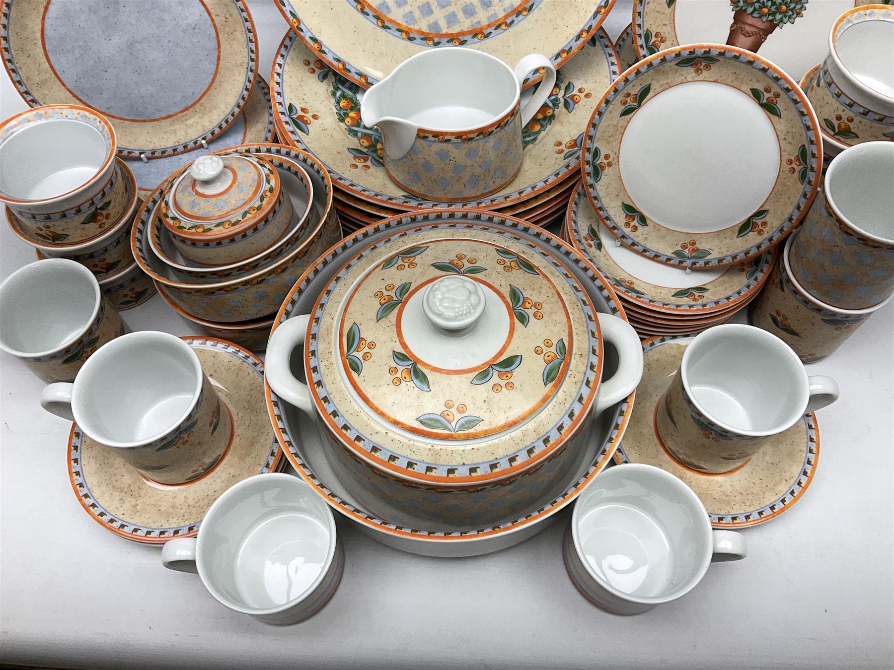 Villeroy & Boch Gallo design Switch 4 Naranja & Nazare pattern tea and dinner wares, to include seven dinner plates, twin handled lidded tureen, five mugs, four saucers, jug, lidded sucrier, large bowl,  seven ramekins, various side plates, two bowls etc