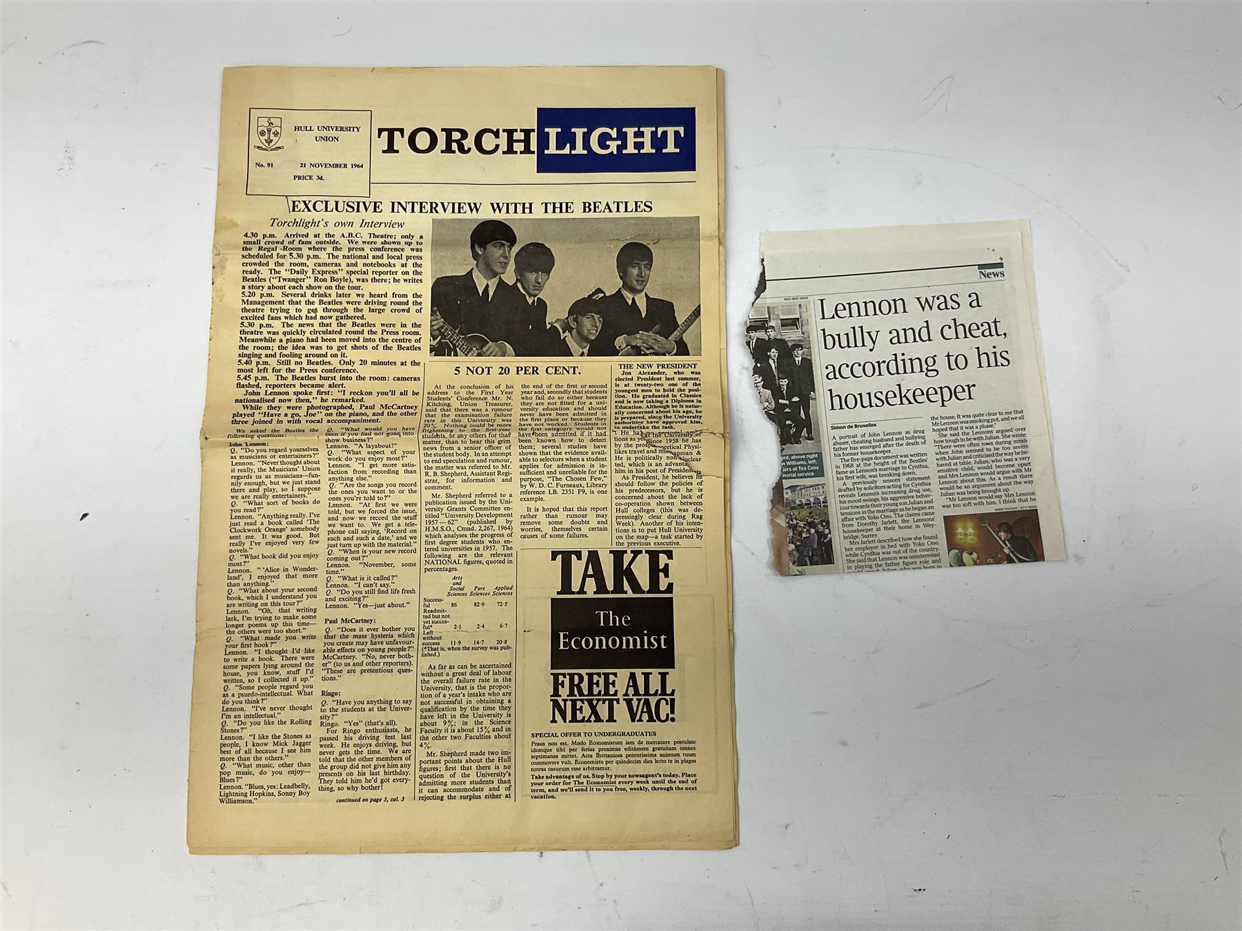 John Lennon interview recording conducted by John Hill student of Hull University on the 16th October 1964 at the A.B.C. Theatre Hull on behalf of the university newspaper 'Torchlight'. The interview lasts eight and a half minutes. It catches John in an upbeat breezy mood answering questions about the following topics: the song writing process ('sometimes you get an idea ....I dunno....my left leg.... and then write about that....'), recording (.... 'they just say - you're recording on such and such a date and they hope we turn up with some good songs written ....'), an alternative career path (.... 'I'd probably just have been a lay-about....'), failing at college (....'some other lads did my exams for me ....'), reading matter ( Clockwork Orange, Alice in Wonderland), his books of prose, tastes in music, the Blues, The Rolling Stones, being a Beatle vis-a-vis anonymity ('Whatever I'd be I'd choose to be rich .... who wants to walk down the street?').
The interview was recorded on 1/4 inch Emitape on a Fi-Cord Fidelity Recording machine. The reel-to-reel tape comes in its original Emitape plastic box and is accompanied by the Fi-Cord reel-to-reel machine on which the interview was originally recorded. Also included in this lot are a copy of the 'Torchlight' newspaper from 21st November 1964, two photographs of the interviewer with John Lennon (the interviewer is pictured to the left of John Lennon in the photograph in which John is signing a sketch) and one photograph of Paul McCartney with another reporter, the largest measures 12 x 16.5cm and a transcript of the interview. The recording is also accompanied by the original Fi-Cord tape recorder with microphone, four original 2v batteries and battery charger. The tape recorder has been adapted to take 3xAA batteries and the 2v battery charger is fitted with a standard UK 3-pin AC plug. The interview was recorded in the press room prior to the Beatles concert at the A.B.C. Theatre and is sold with copyright.