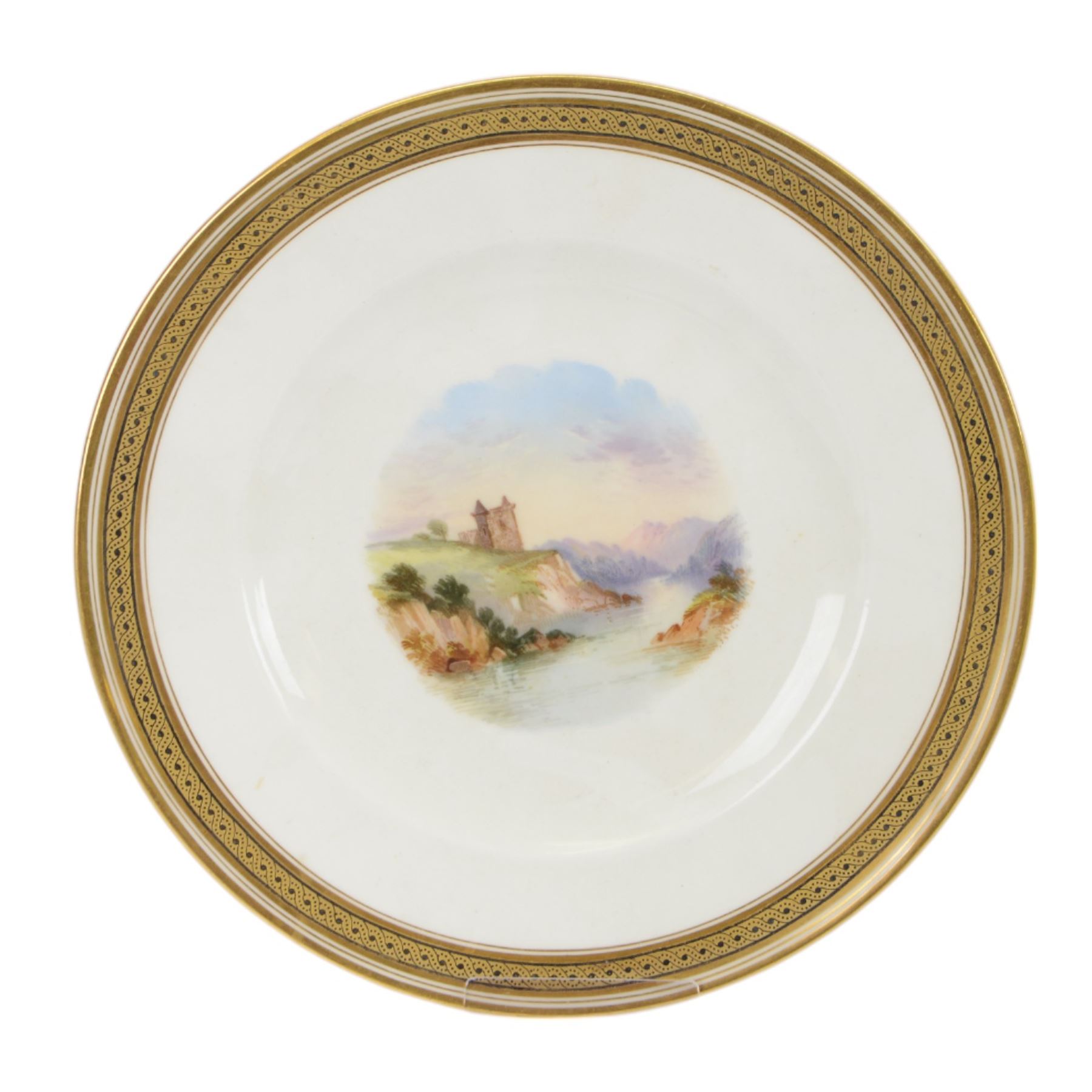 Six 19th century and later cabinet plates, including Royal Doulton example, the central panel decorated a with landscape signed T. Parton 