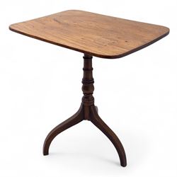 Early 19th-century mahogany tripod table, rectangular tilt-top with rounded corners, raised on a turned baluster column and tripod base with line inlaid down-swept legs 