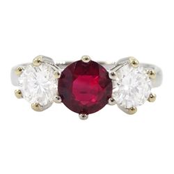 18ct white gold three stone ruby and diamond ring, single round cut ruby of approx 1.15 ca...