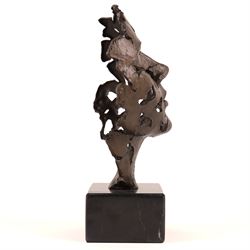 Bronze abstract sculpture of a pierced face, upon a squared marble base, H27cm