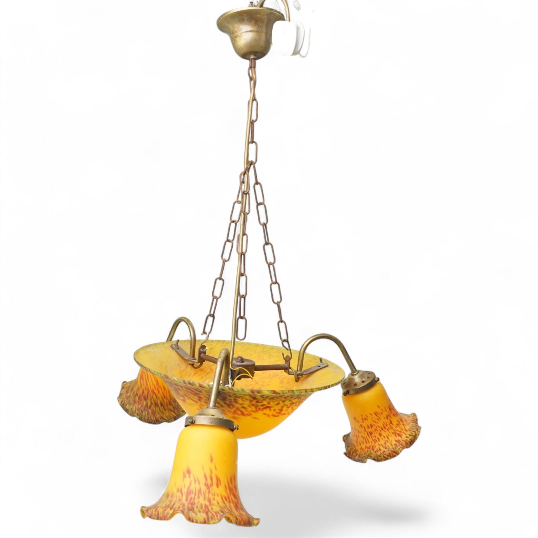 French Art Deco period Vianne glass three branch ceiling light fitting in mottled yellow, signed D35cm