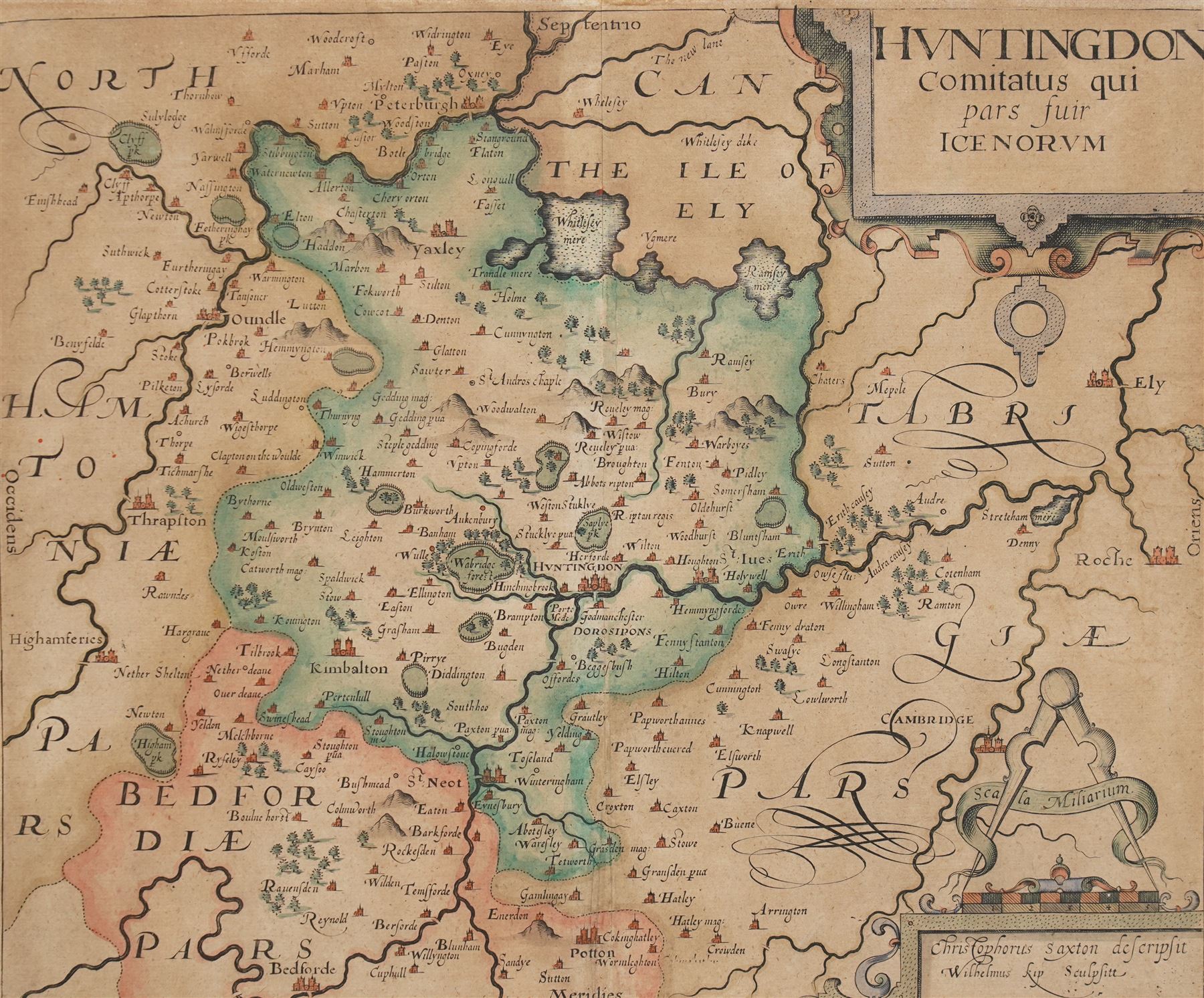 Christopher Saxton (British c1540-c1610) and William Kip (British 1588-1635): 'Huntingdon Comitatus qui pars fuir Icenorum', 17th century engraved map with hand-colouring pub. c.1637, 28cm x 34cm