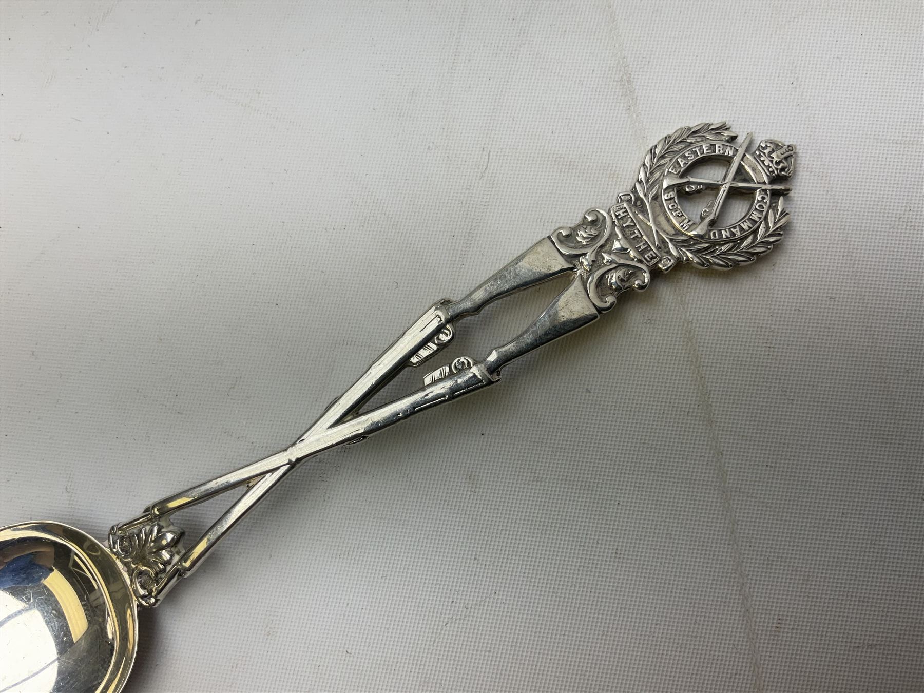 Three hallmarked silver shooting spoons including Royal Military College Rifle Club, Eastern Command S. of M. Hythe etc (3)