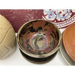 Collection of studio pottery, to include baluster vase with impressed decoration, lustre dish on footed base, bowl with abstract internal decoration etc 