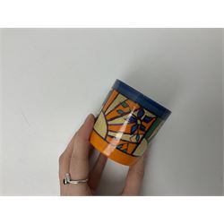 Clarice Cliff Fantasque for Wilkinson Pottery preserve pot, circa 1928, of drum form decorated in Sunray Leaves pattern, H8cm