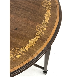 Edwardian mahogany centre table, circular moulded top with satinwood band and inlaid with floral and ribbon garland, square tapering supports with spade feet joined by serpentine stretchers, D75cm, H72cm