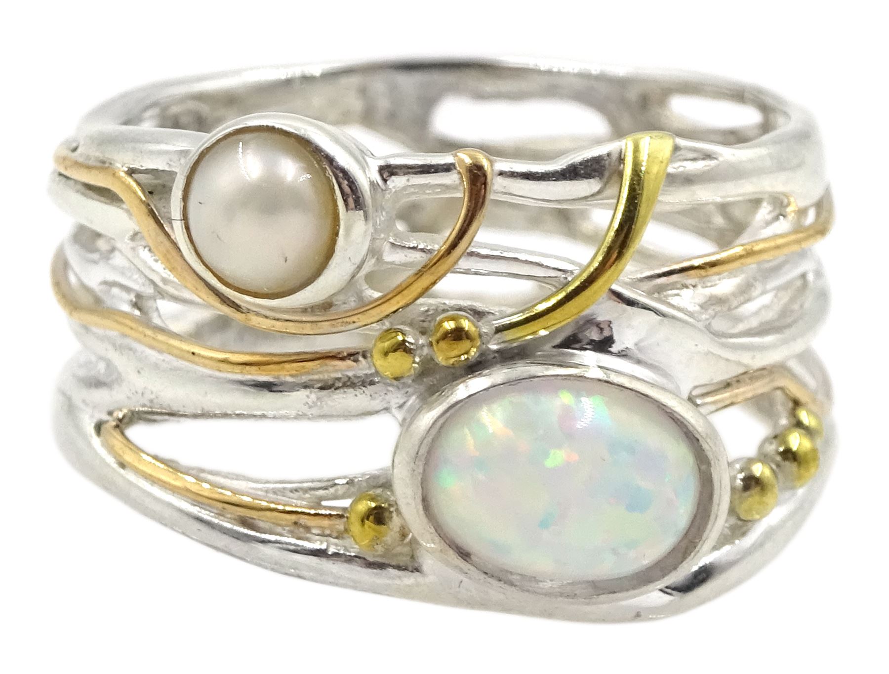 Silver and 14ct gold wire opal and pearl ring, stamped 925 