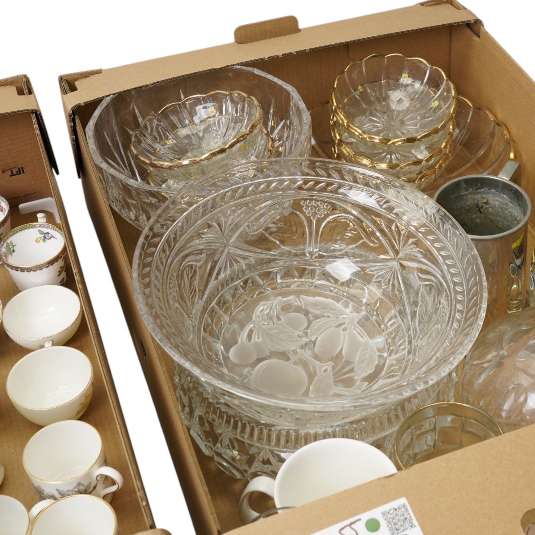 Copeland Spode for Harrods 'Old Bow' cups and saucers, Wedgwood 'Ashford' bone china coffee set and a various collection of glassware, decanter, trifle bowls, tea set, etc. Contents in three boxes 